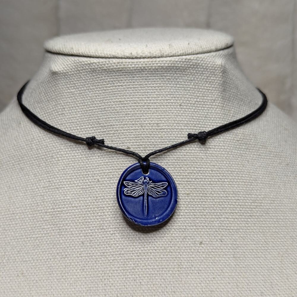 Blue Ceramic Dragonfly Pendant Handmade Faux Wax Seal Boho Choker Necklace